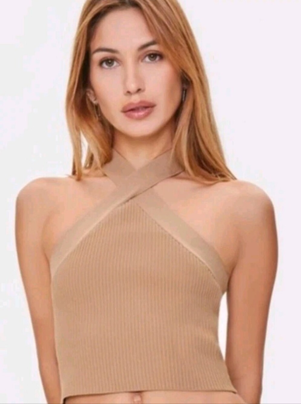 Forever 21 Criss-Cross Halter Top Women's Tan/Beige Ribbed Crop Tank XS